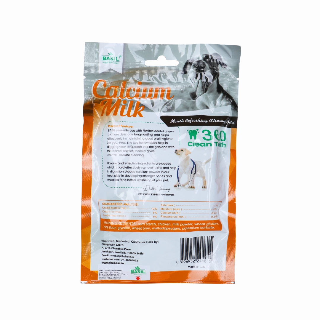 BASIL Calcium Milk 360* Dental Chew Treat for Dogs & Puppies | 90 Grams