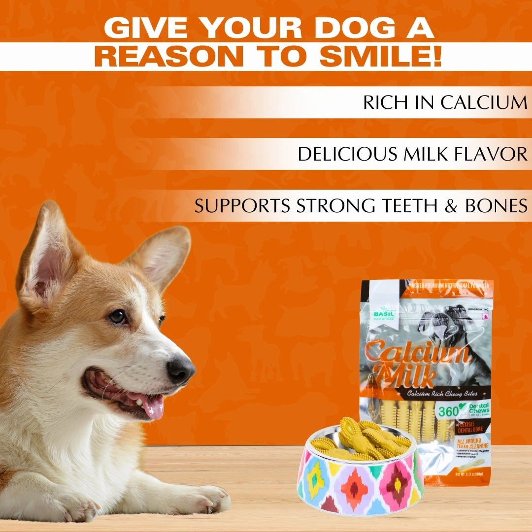 BASIL Calcium Milk 360* Dental Chew Treat for Dogs & Puppies | 90 Grams