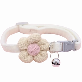 Cozy Velvet Cat Collar with Knitted Flower & Bell - White