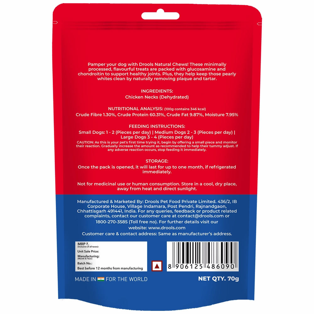 Drools Dehydrated Real Chicken Necks Chews Treat for Dogs