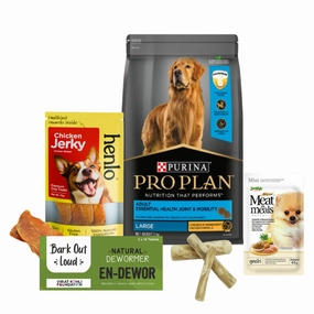 Henlo Jerky, JerHigh Soft, Bark Out Loud En Dewor Dewormer, Pro Plan Dry Food & Goofy Tails Chew Toy Limited Dog Hamper