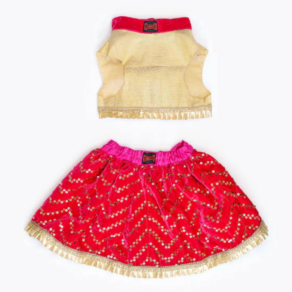 Pawgypets Velvet Lehenga for Dogs and Cats (Pink/Golden)