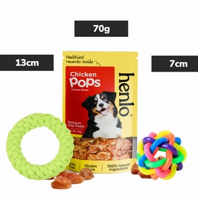 Skatrs Rope Ring Toy, Pet Vogue Bouncy Ball & Henlo Chicken Pops High Protein Treats Dog Combo