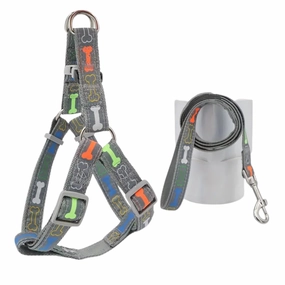 Supet Stylish Bone Pattern Dog Harness and Leash Set (Grey) - Medium