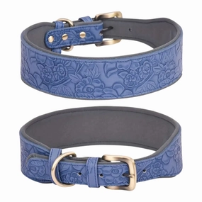 Vintage Leather Dog Collar for Medium & Large Dogs - Blue - XLarge